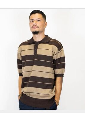 Short-Sleeve Knit Polo in Brown & Tan Stripe Cholo Charlie Brown
